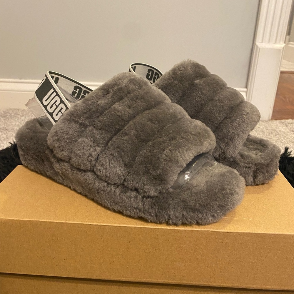UGG Fluff Yeah Charcoal Slide Sandals